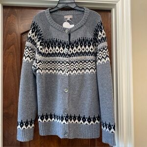 J. Crew Women’s Cashmere relaxed Fair Isle cardigan sweater in Gray Black Sz M
